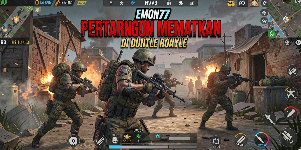 Screenshot gameplay EMON77 yang menampilkan pertempuran Battle Royale yang intens.