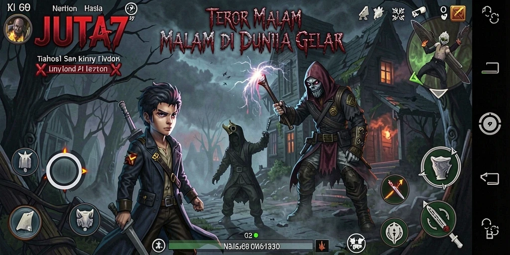 Screenshot utama JUTA7 menampilkan suasana horor yang mencekam.