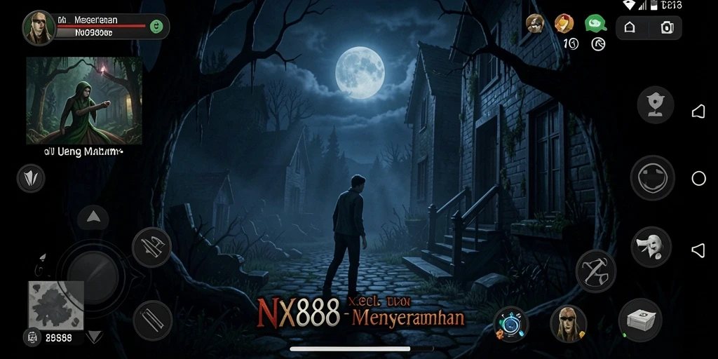 Screenshot gameplay <strong>NX888</strong> menampilkan suasana mencekam dan makhluk menyeramkan.