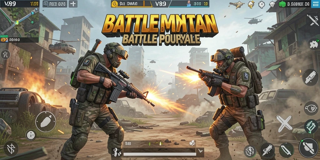 Tampilan gameplay melakukan pertempuran seru dalam V89 Battle Royale.